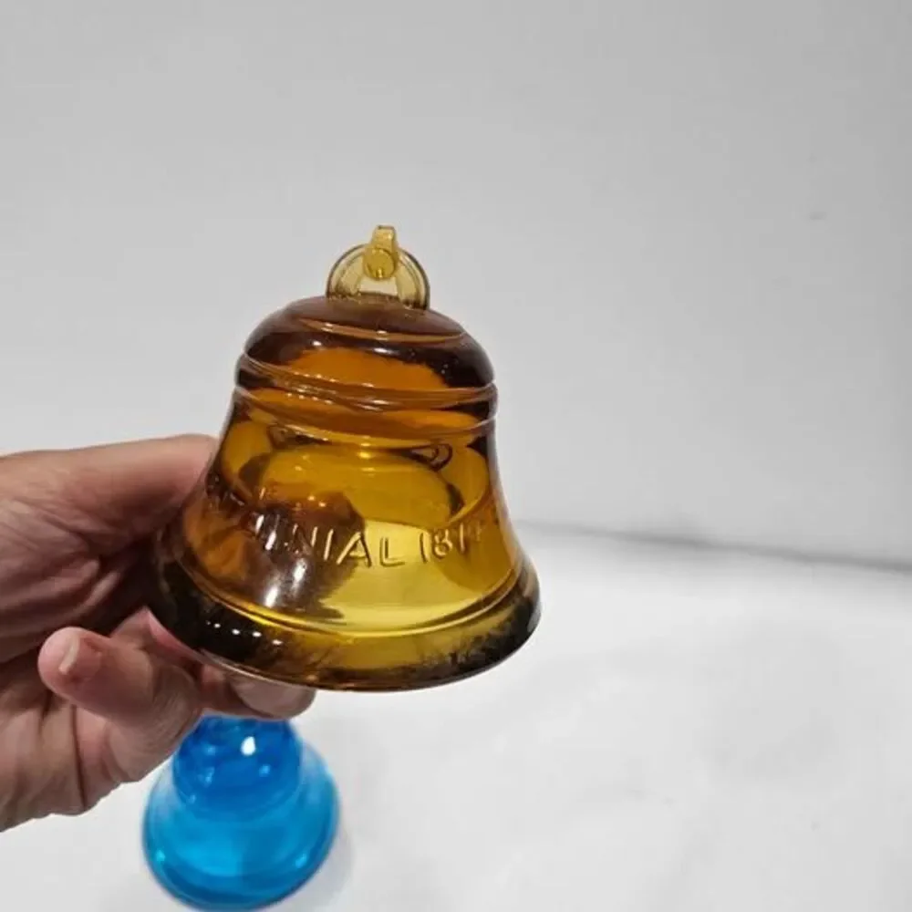 Vintage Blue and Amber Glass Telephone Centennial Bells - Set of 2